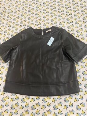 LOFT Black Faux Leather Short Sleeve Crewneck Top